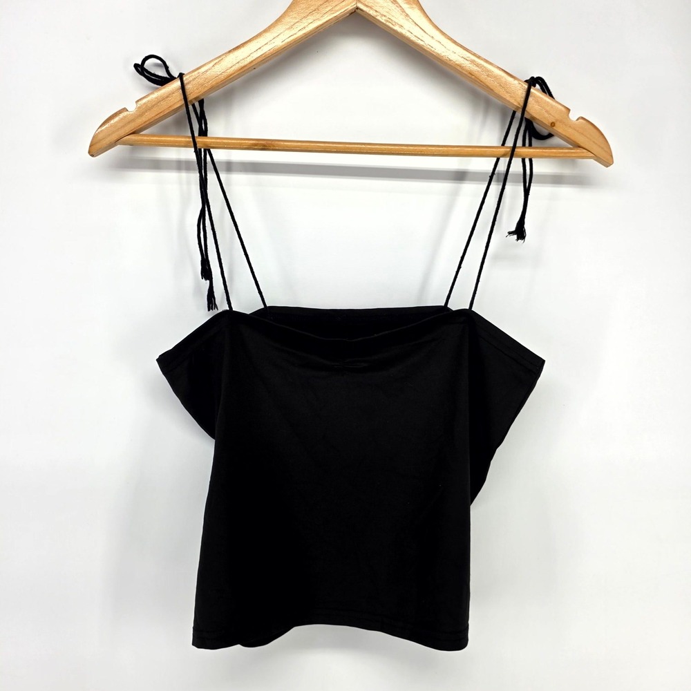 Cami Top Women Medium Black Tie Shoulder Square Neck Cropped Tank Summer